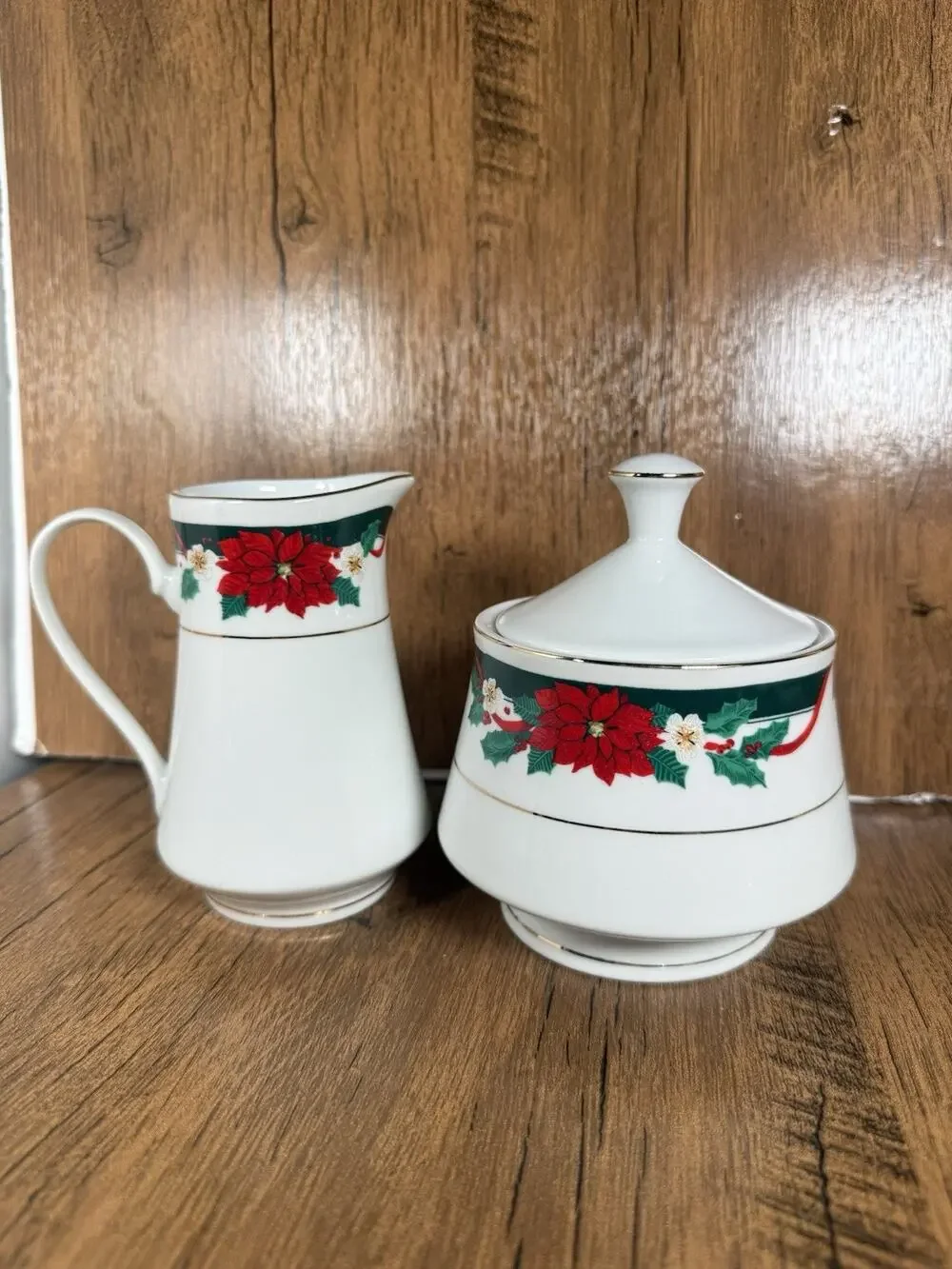 Vintage Tienshan Deck The Halls Christmas Sugar and Creamer Set, Poinsettias Red